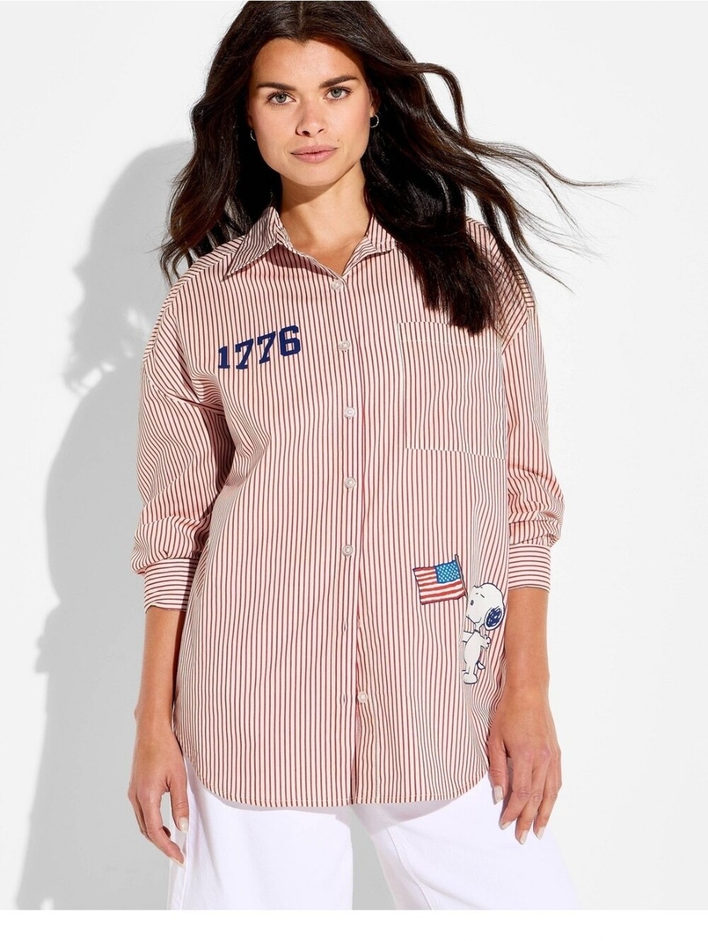 Peanuts Women's Snoopy Woven Graphic Button-Down Shirt, Red Size L